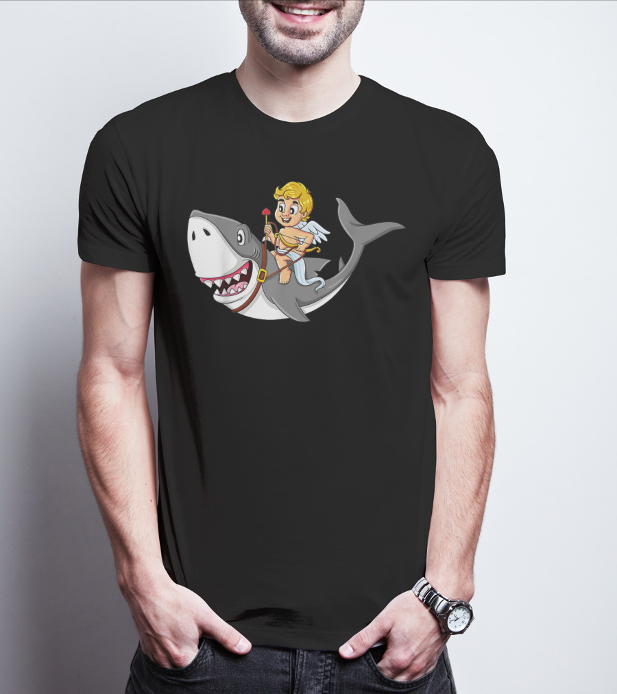 Cupid Riding Shark Valentines Day Iconic Funny Cartoon T-Shirt