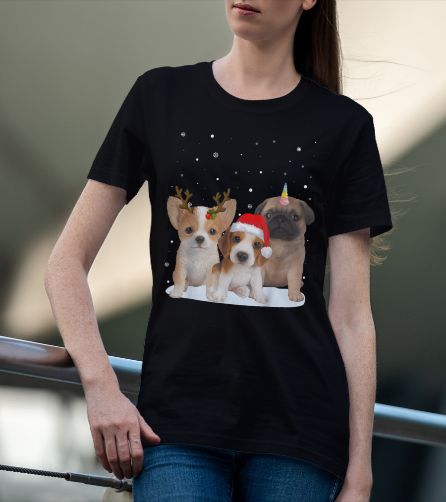 Cute Dogs Reindeer Horns Santa Hat Unicorn Snowflakes T-Shirt