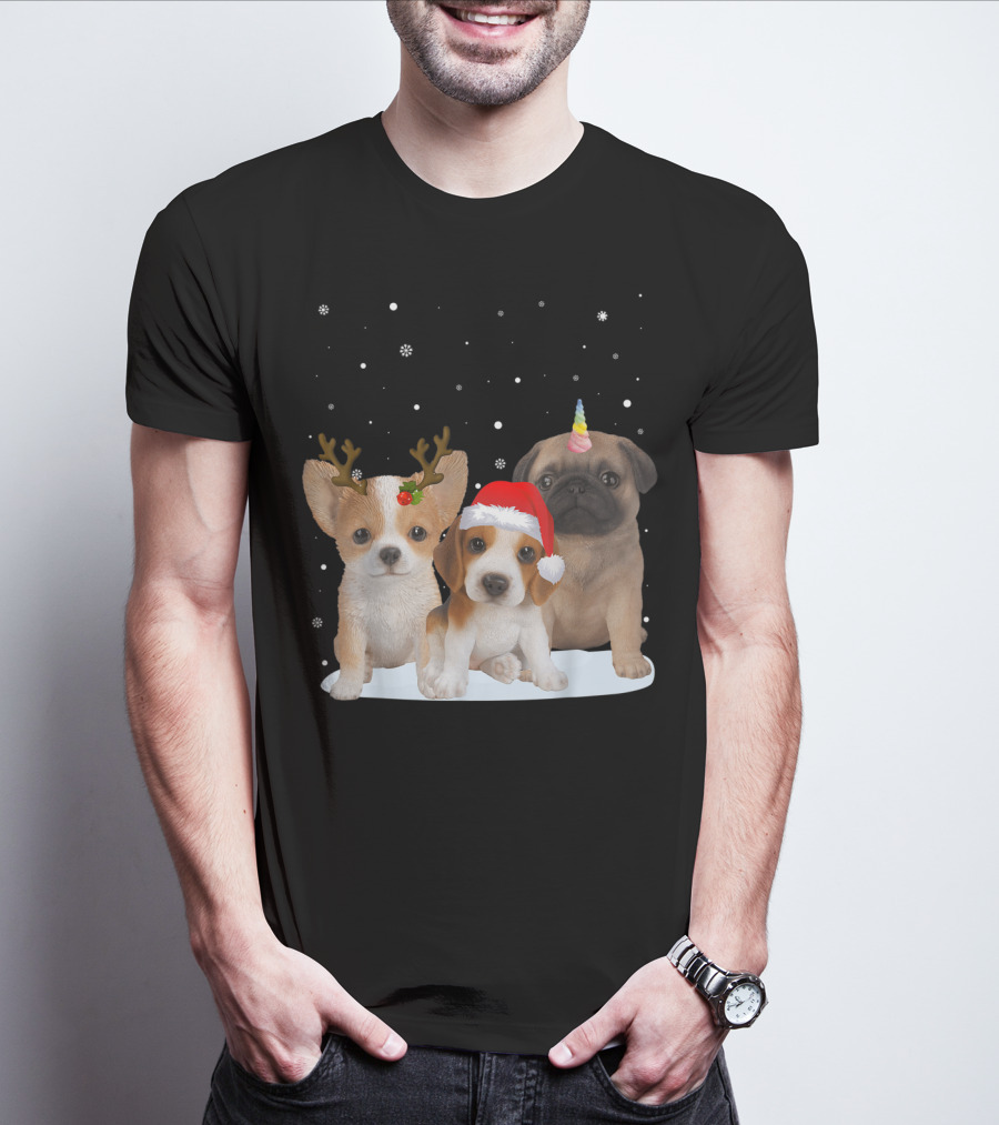Cute Dogs Reindeer Horns Santa Hat Unicorn Snowflakes T-Shirt