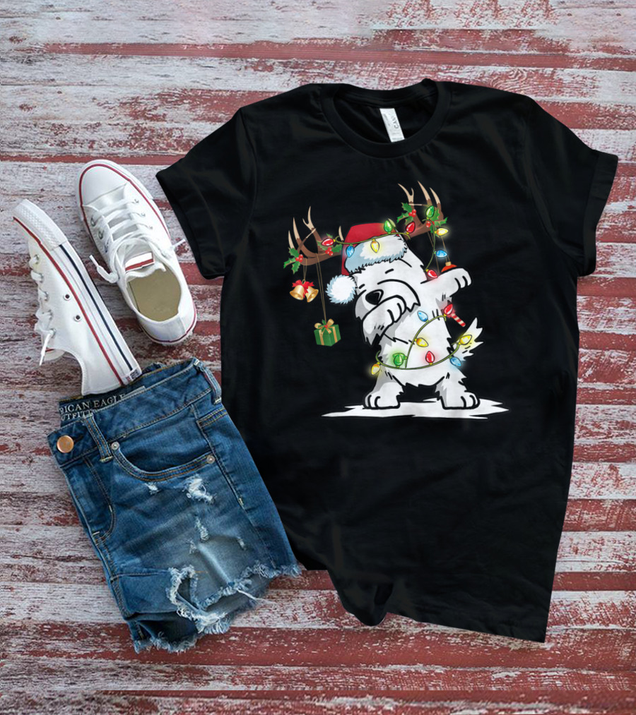 Dabbing Westie Dog Reindeer Lights Santa Hat Christmas Gifts T-Shirt