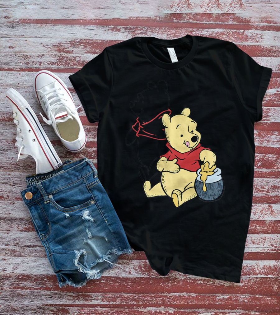 Disney Winnie The Pooh Outline And Colored Character Sitting With Honey Jar T-Shirt