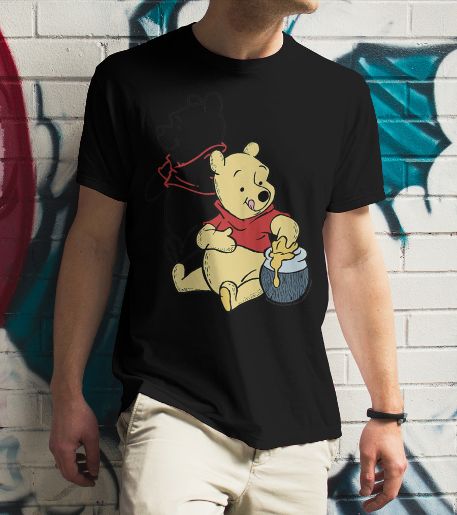 Disney Winnie The Pooh Outline And Colored Character Sitting With Honey Jar T-Shirt