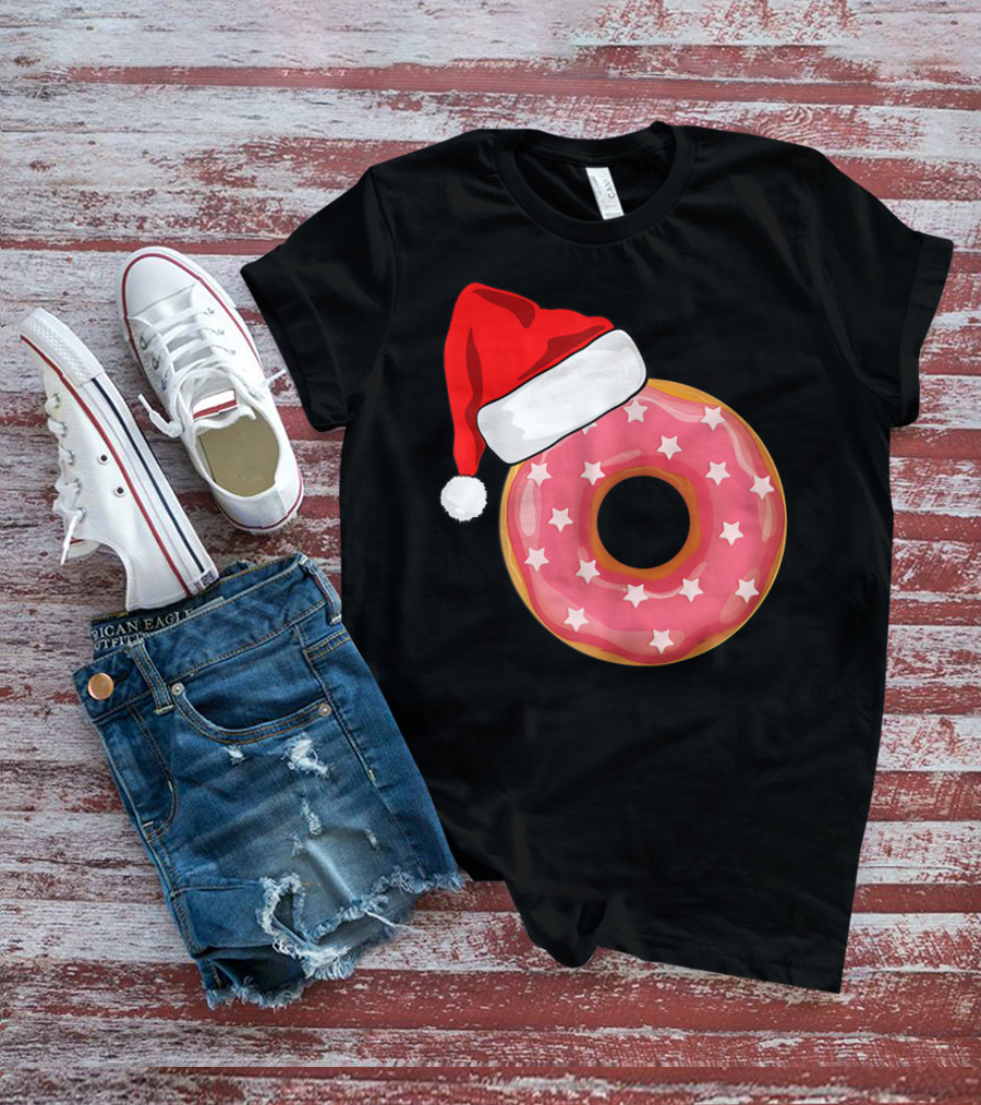 Santa Hat On Pink Strawberry Donut With Stars T-Shirt