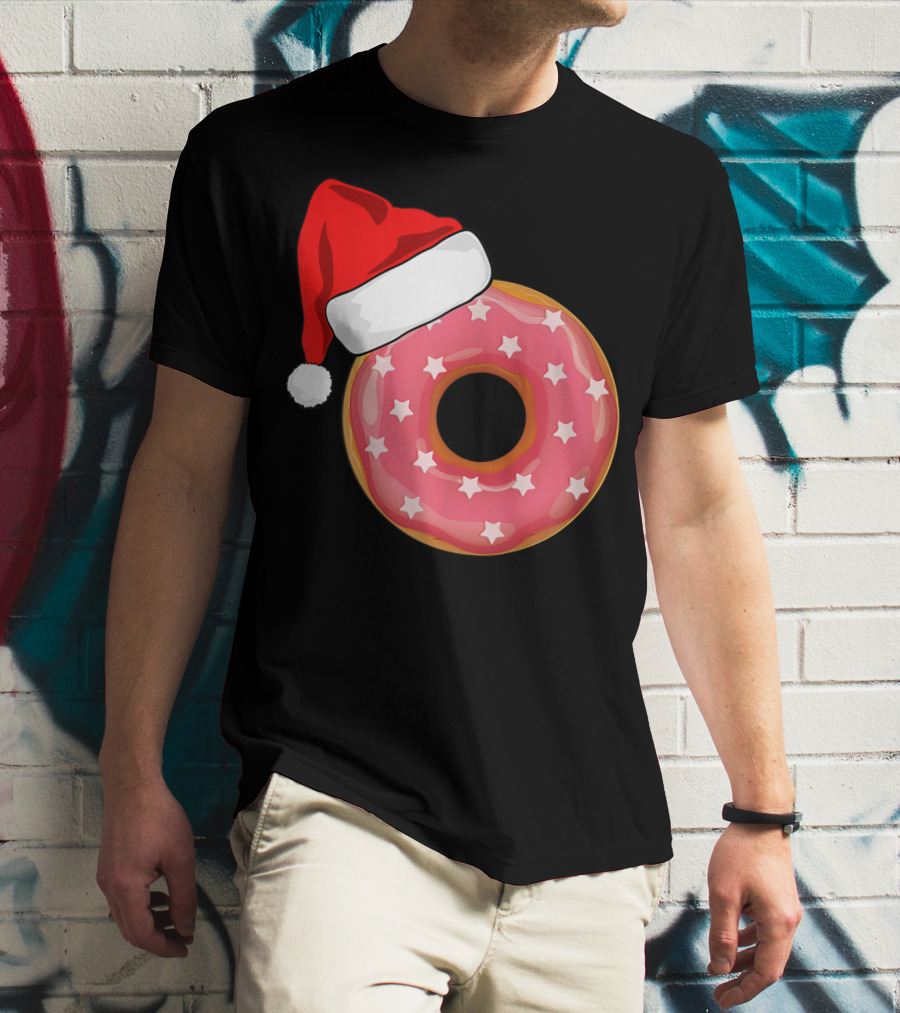 Santa Hat On Pink Strawberry Donut With Stars T-Shirt
