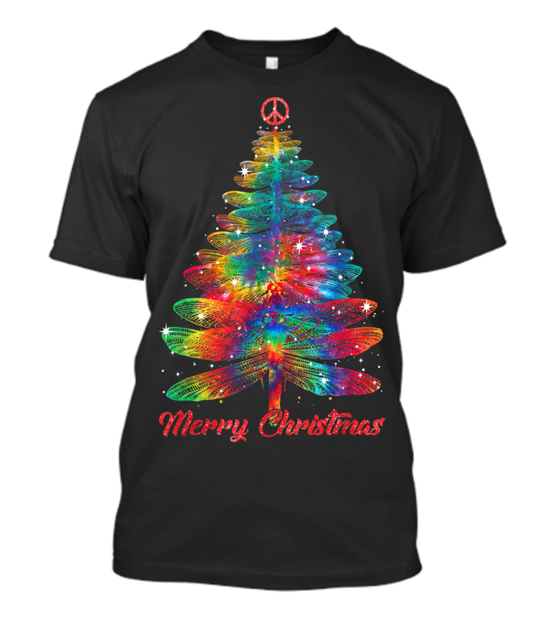 Merry Christmas Dragonfly Peace Sign Christmas Tree T-Shirt