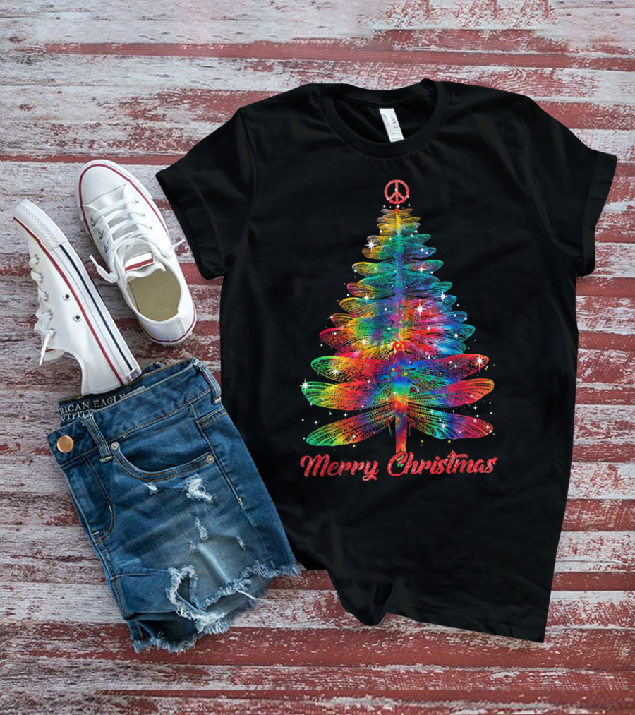 Merry Christmas Dragonfly Peace Sign Christmas Tree T-Shirt