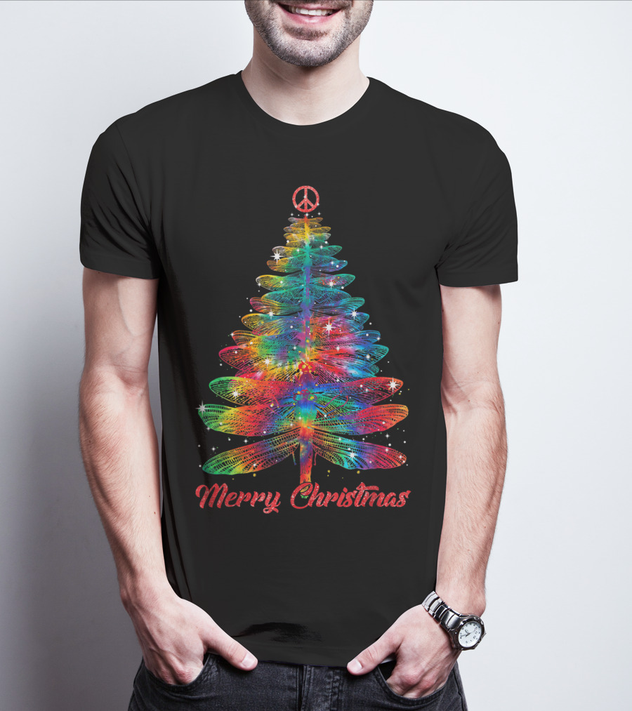 Merry Christmas Dragonfly Peace Sign Christmas Tree T-Shirt