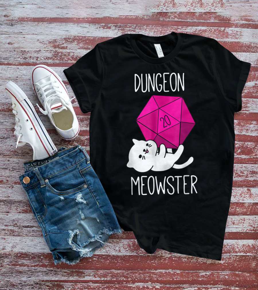 Dungeon Meowster Funny Nerdy Cat D20 Dice T-Shirt