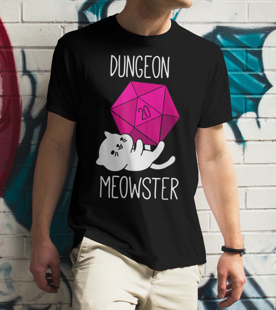 Dungeon Meowster Funny Nerdy Cat D20 Dice T-Shirt