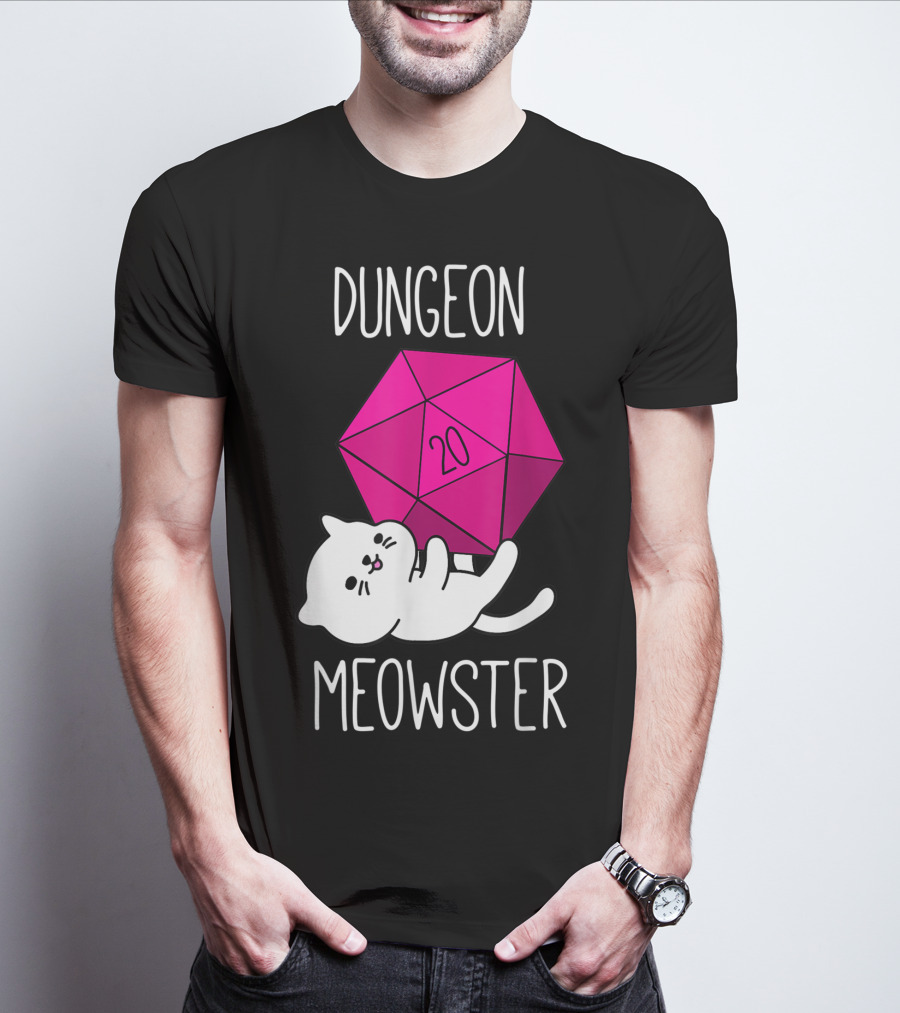 Dungeon Meowster Funny Nerdy Cat D20 Dice T-Shirt