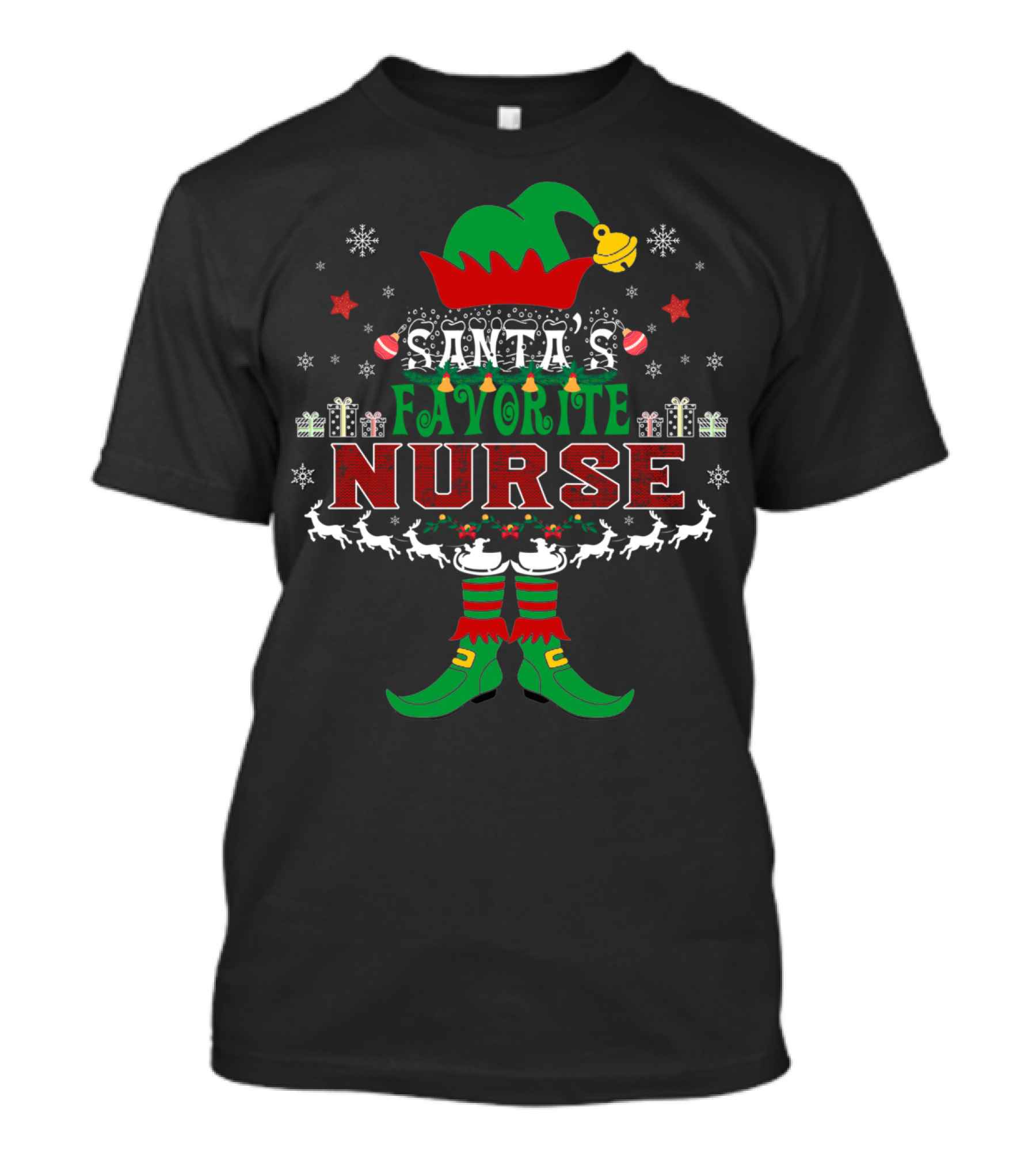Santa's Favorite Nurse Elf Xmas Gifts Reindeer Bells Snowflakes T-Shirt