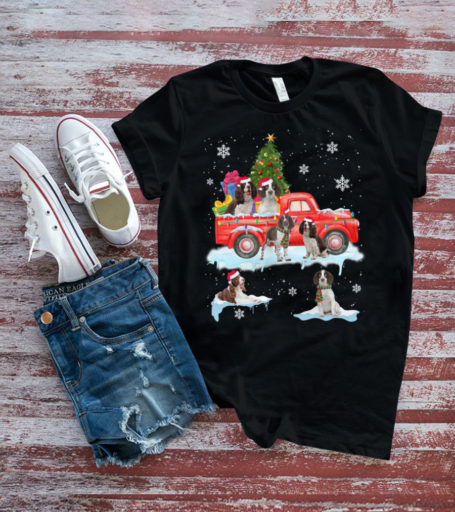 English Springer Spaniel Christmas Scene With Santa Hats On Red Truck And Snowflakes T-Shirt