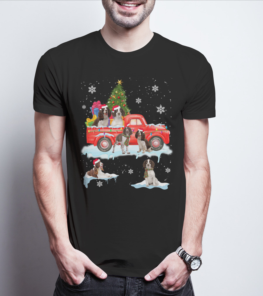 English Springer Spaniel Christmas Scene With Santa Hats On Red Truck And Snowflakes T-Shirt