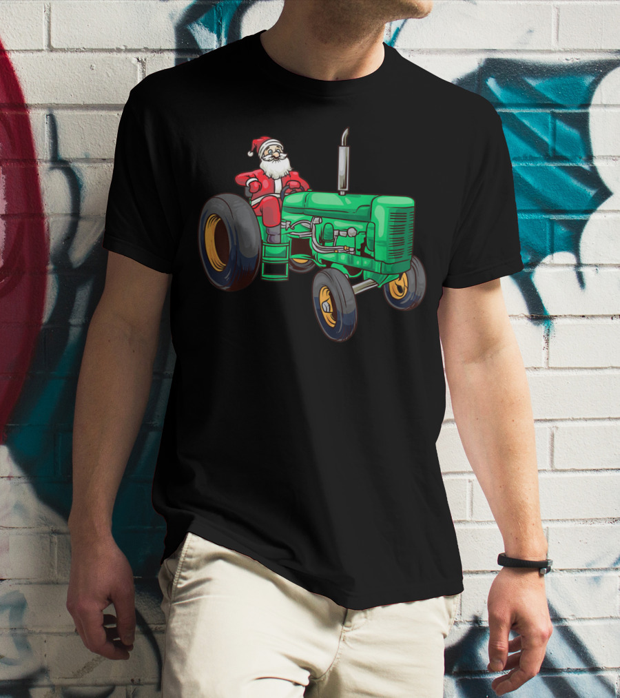Santa Claus Riding Green Farm Tractor T-Shirt