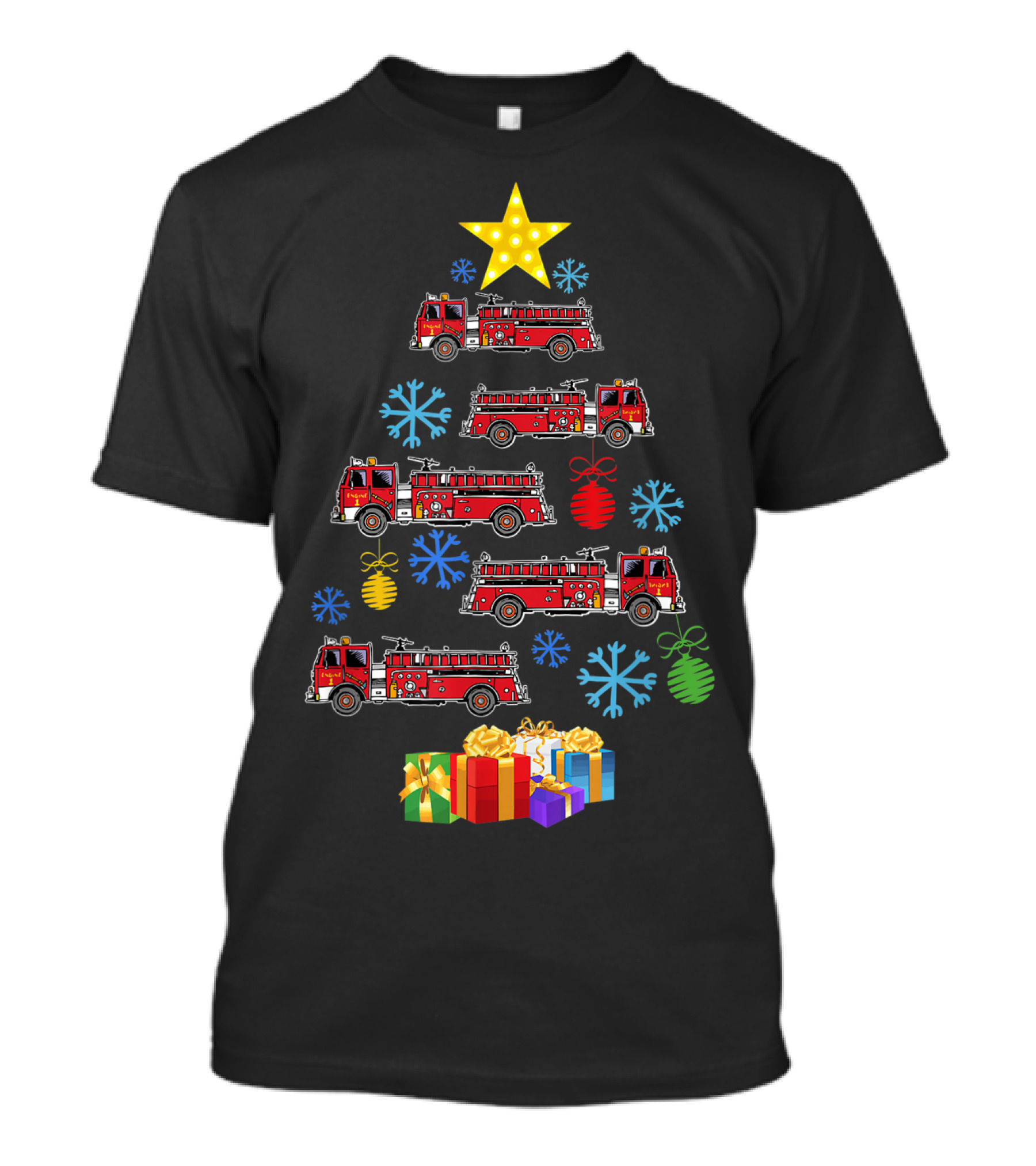 Firetruck Christmas Tree Xmas Firefighter Gifts Snowflakes Star T-Shirt
