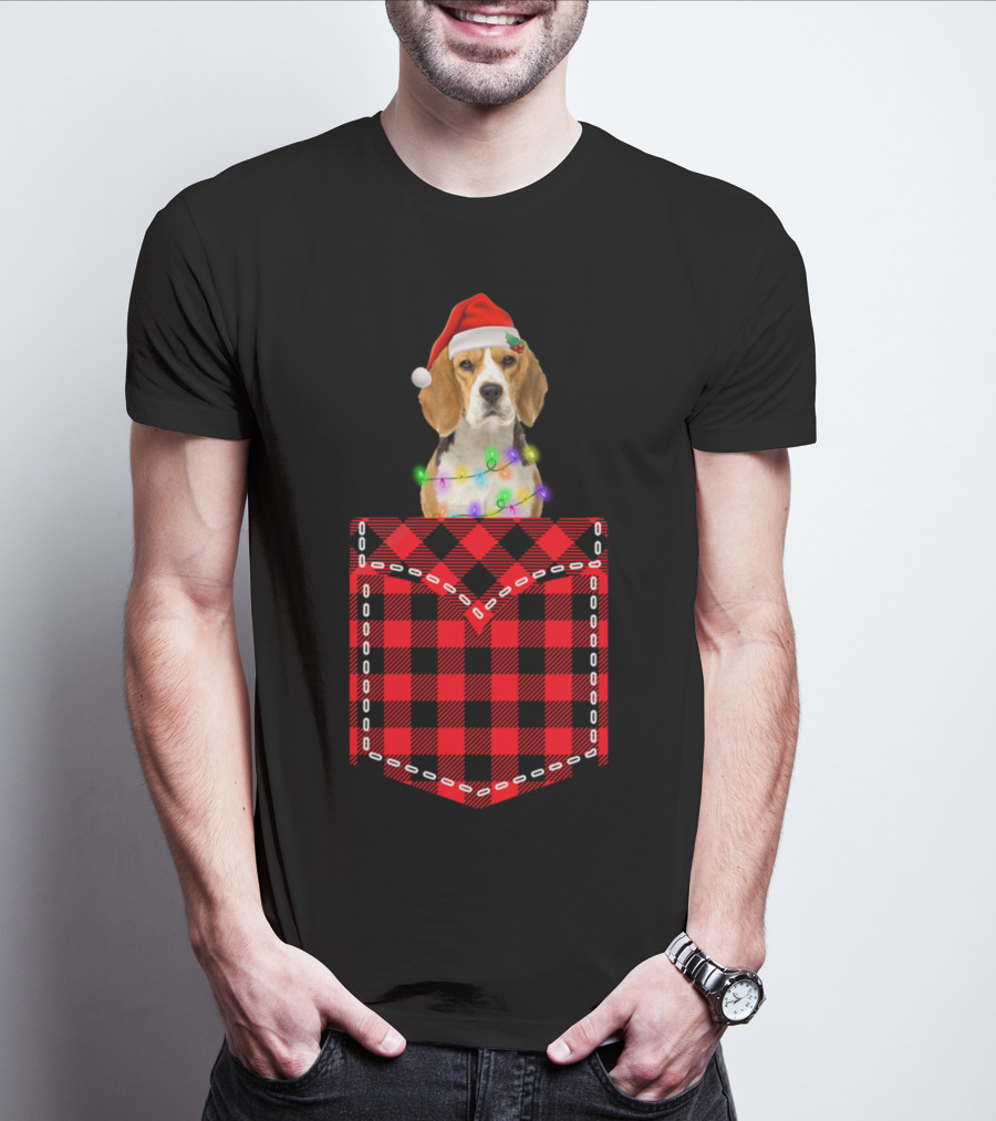 Funny Beagle Santa Hat Buffalo Plaid Xmas Lights In Pocket T-Shirt