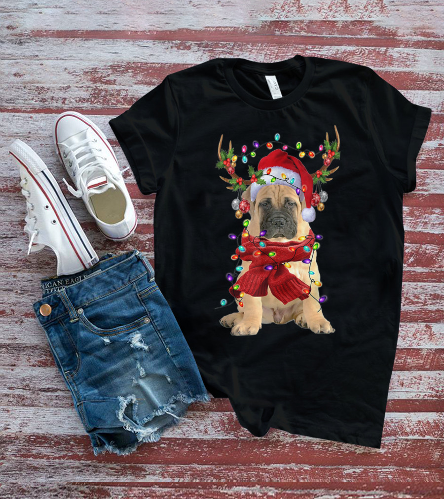 Festive Bull Mastiff Reindeer Lights Christmas Dog T-Shirt