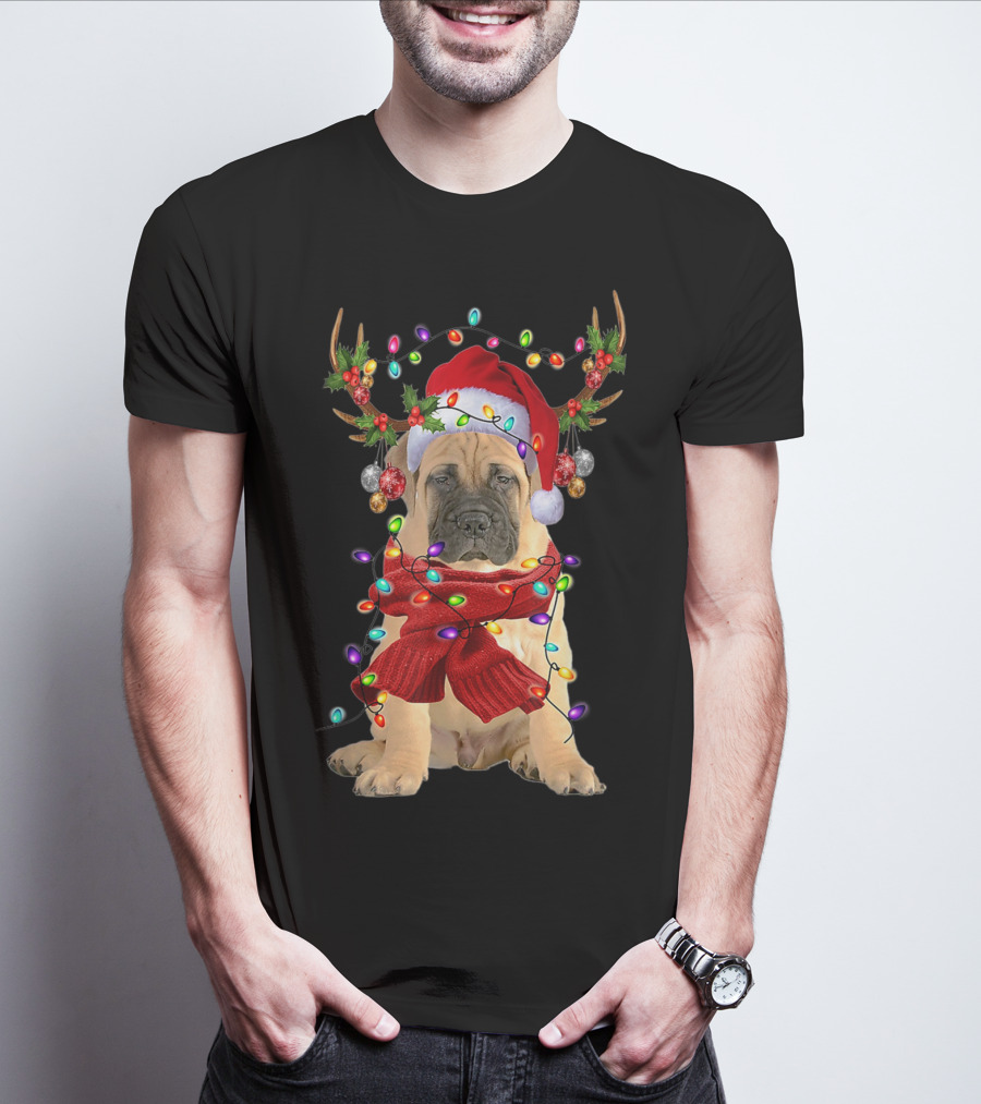 Festive Bull Mastiff Reindeer Lights Christmas Dog T-Shirt