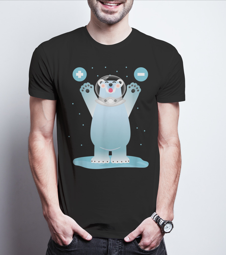 Funny Polar Bear In Space Helmet With Plus And Minus Chemistry Symbols T-Shirt