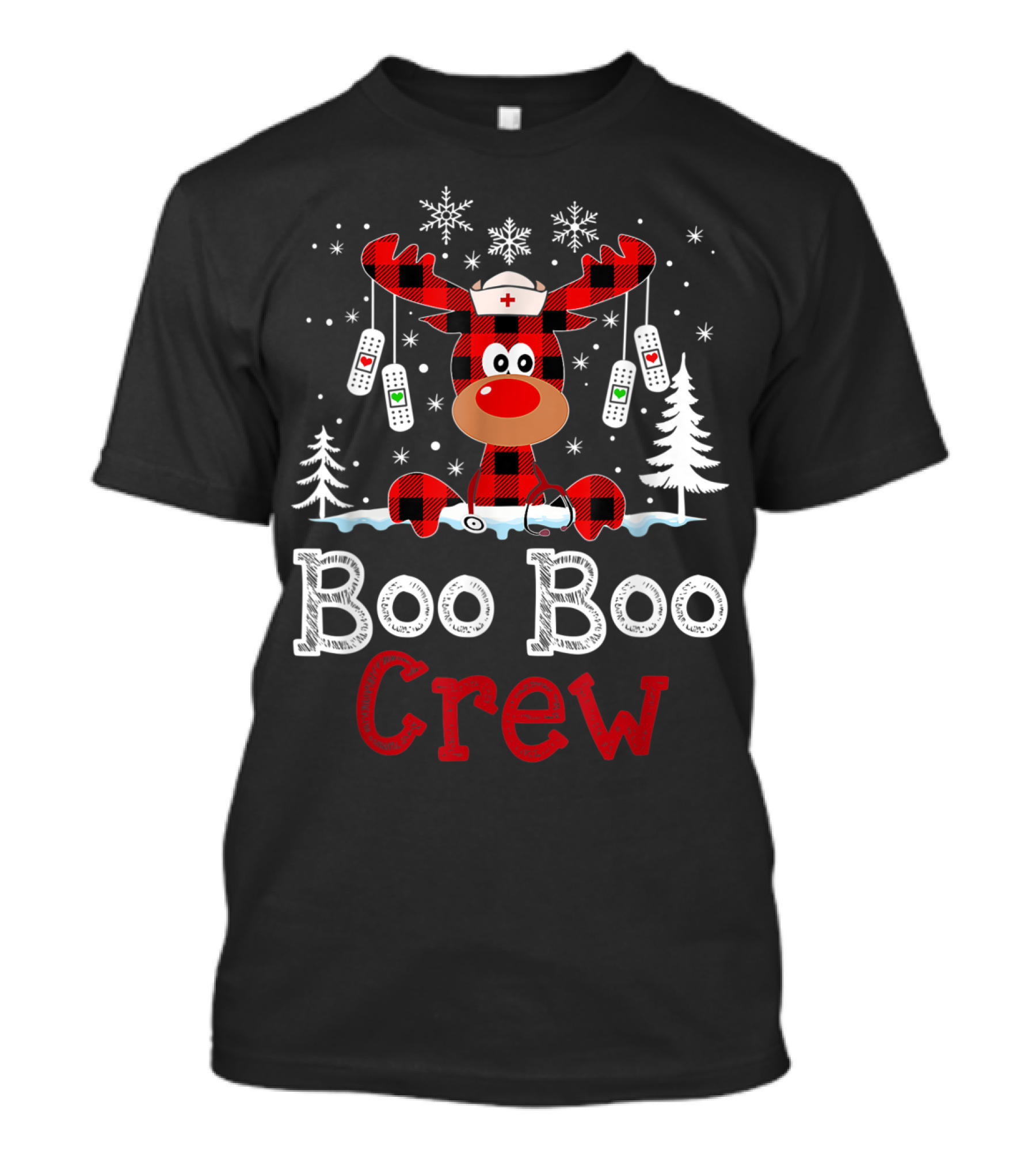 Boo Boo Crew Funny Cute Reindeer Buffalo Plaid T-Shirt