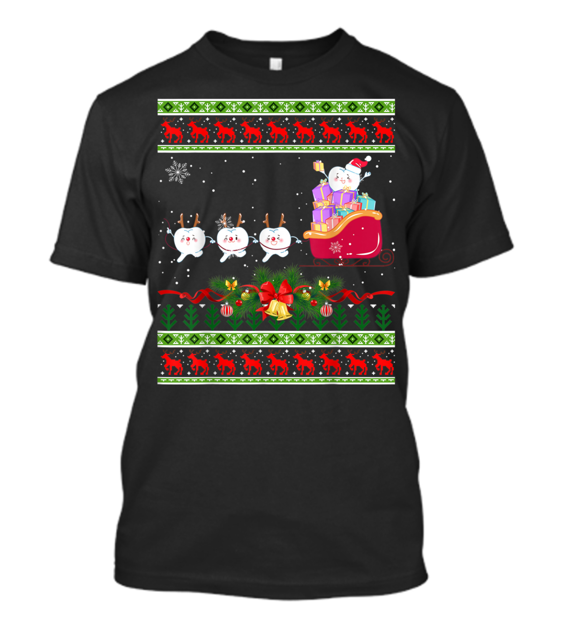 Funny Christmas Tree Dental Snowmen In Santa's Sleigh T-Shirt