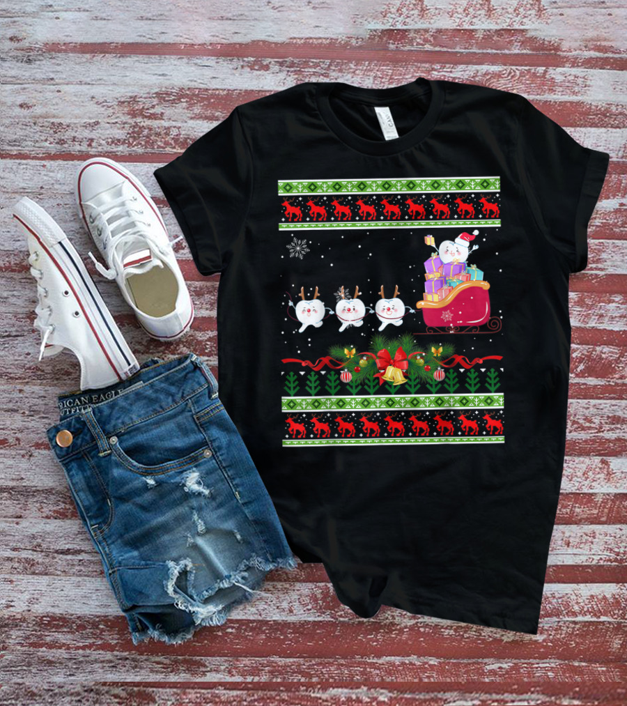 Funny Christmas Tree Dental Snowmen In Santa's Sleigh T-Shirt