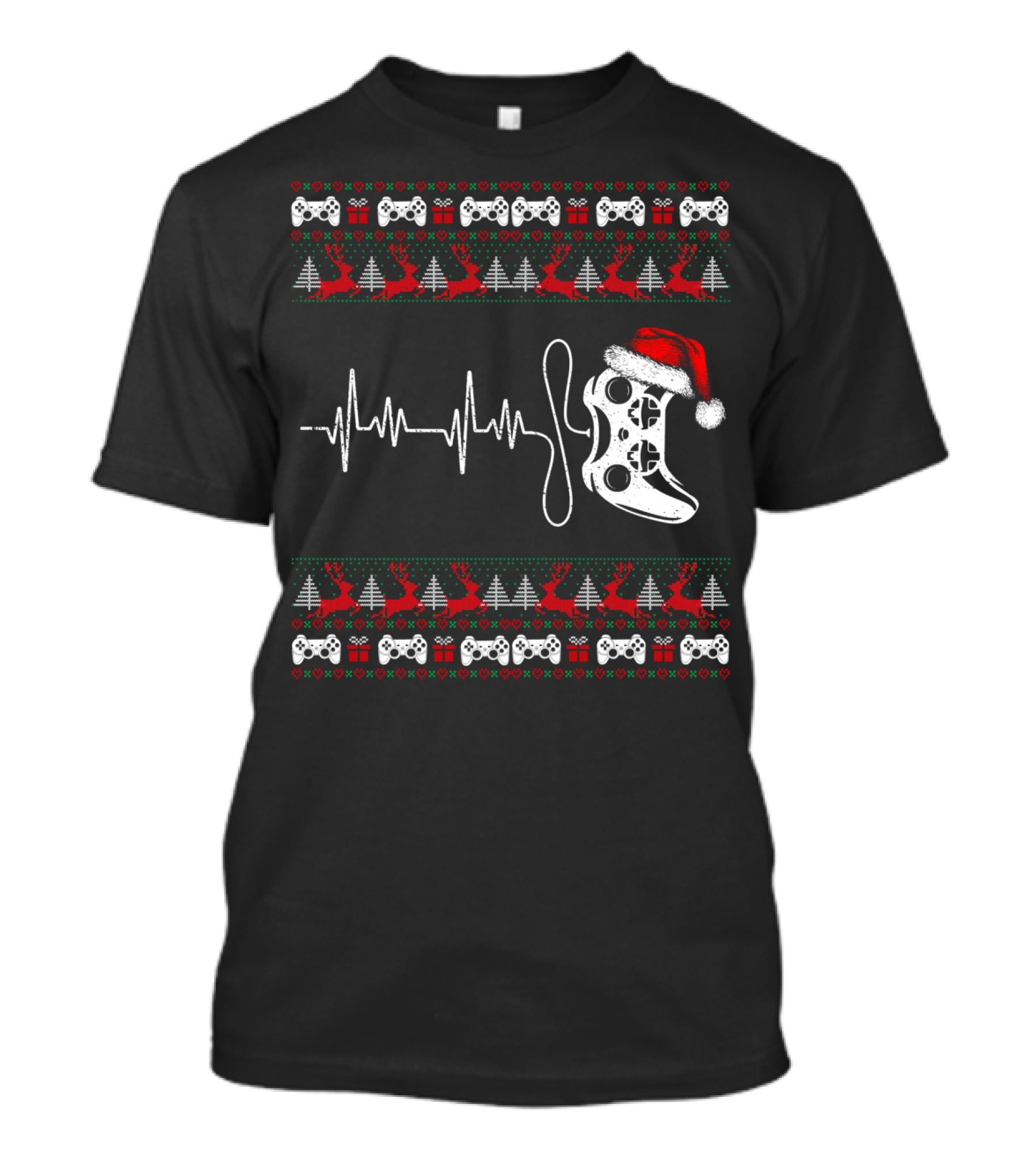 Gamer Heartbeat Christmas Controller Santa Hat Trees Reindeer T-Shirt