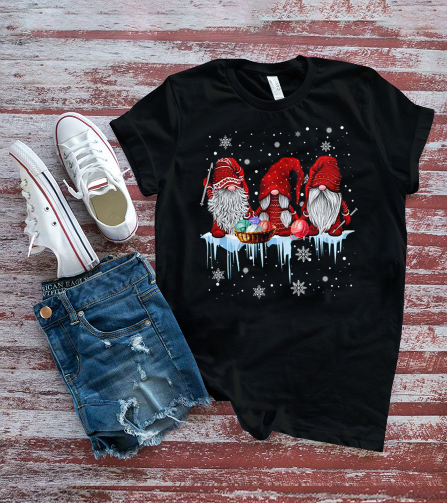 Hanging With Red Gnomies Crochet Funny Gnome Snowflakes And Yarn On Ice T-Shirt
