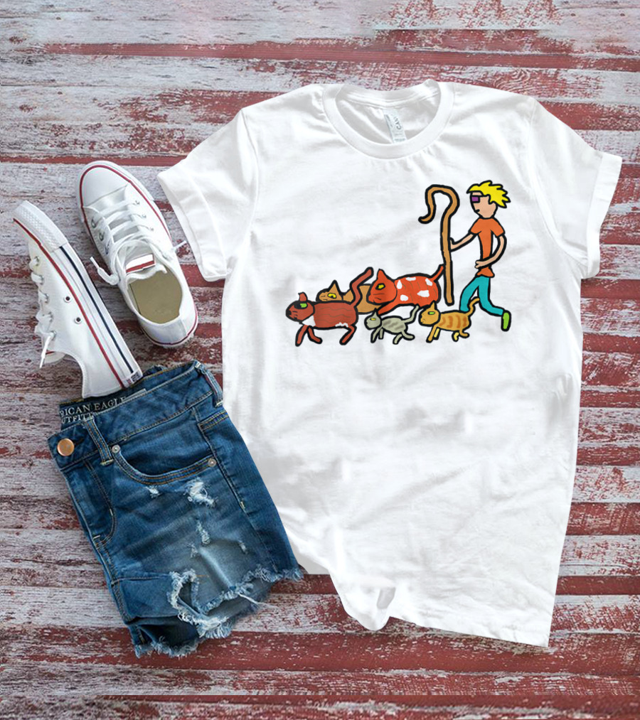 Herding Cats Cartoon Shepherd With Colorful Cats Scene T-Shirt