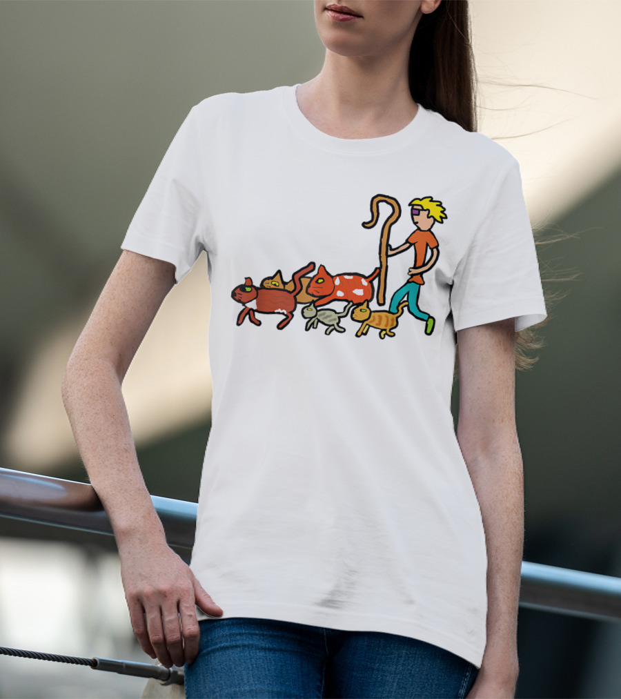 Herding Cats Cartoon Shepherd With Colorful Cats Scene T-Shirt