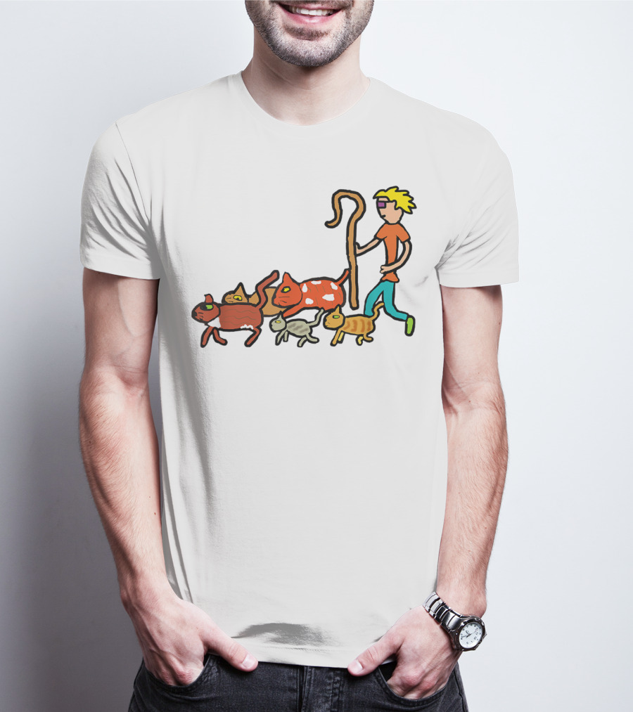 Herding Cats Cartoon Shepherd With Colorful Cats Scene T-Shirt