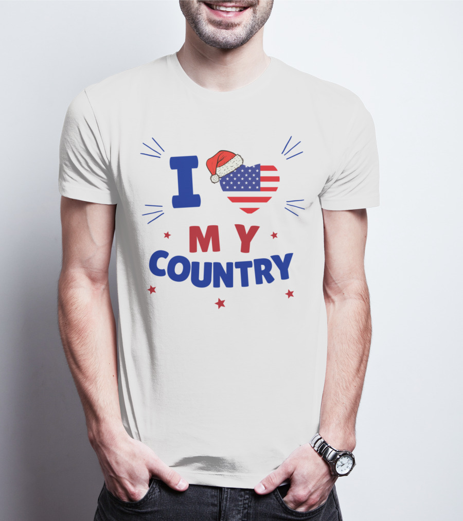 I Love My Country Heart Flag Santa Hat Patriotic Merry Christmas T-Shirt