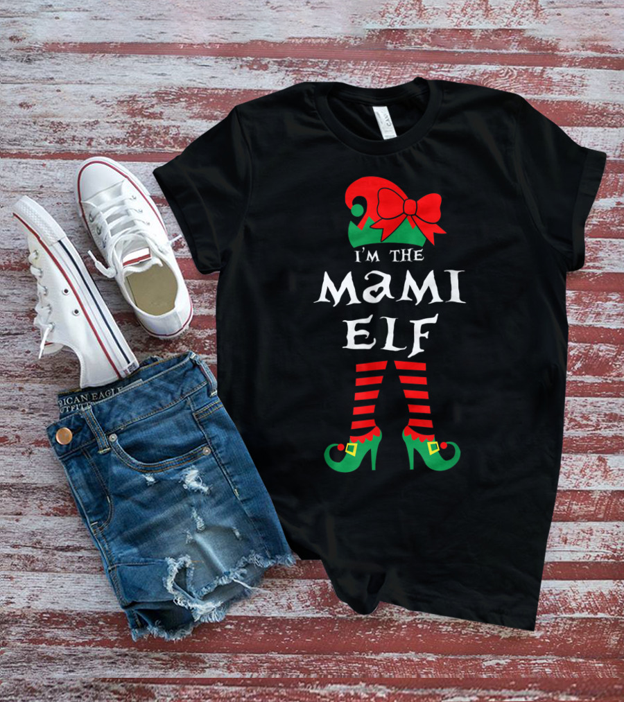 I'm The Mami Elf Striped Leg Red Bow Hat T-Shirt
