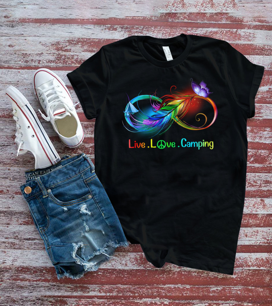 Live Love Camping Hippie Peace Infinity Rainbow Feather Tent Butterfly T-Shirt