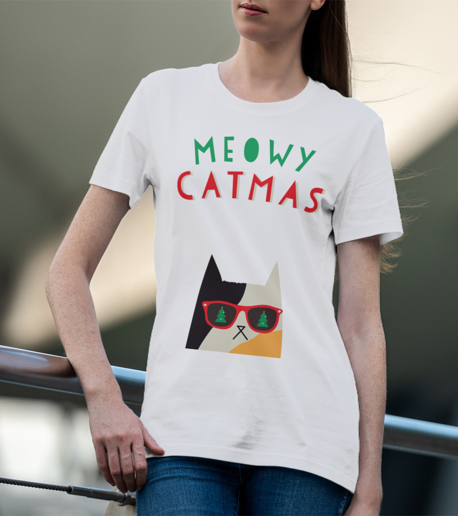 Meowy Catmas Christmas Calico Cat With Sunglasses And Trees T-Shirt