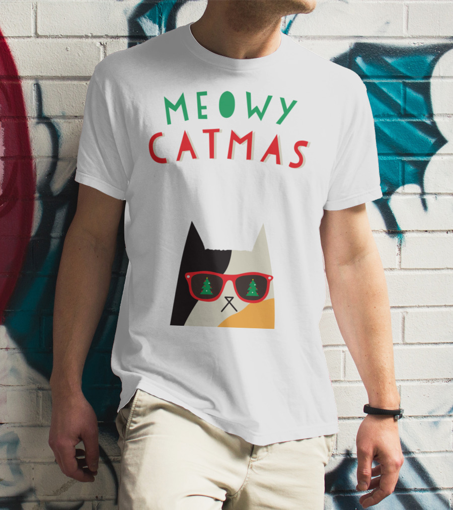 Meowy Catmas Christmas Calico Cat With Sunglasses And Trees T-Shirt