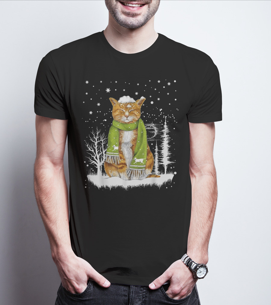 Meowy Xmas Christmas Cats In Snow With Green Scarf And Reindeer T-Shirt