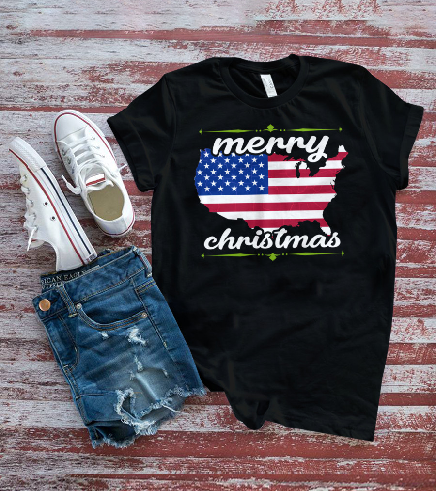 Merry Christmas USA Flag Map T-Shirt