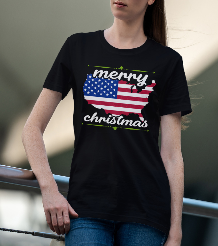 Merry Christmas USA Flag Map T-Shirt