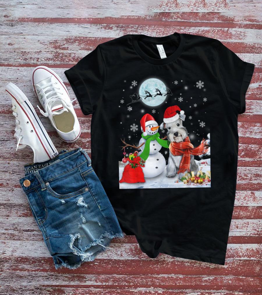 Miniature Schnauzer Santa Snowman Christmas Moon Snowflakes T-Shirt