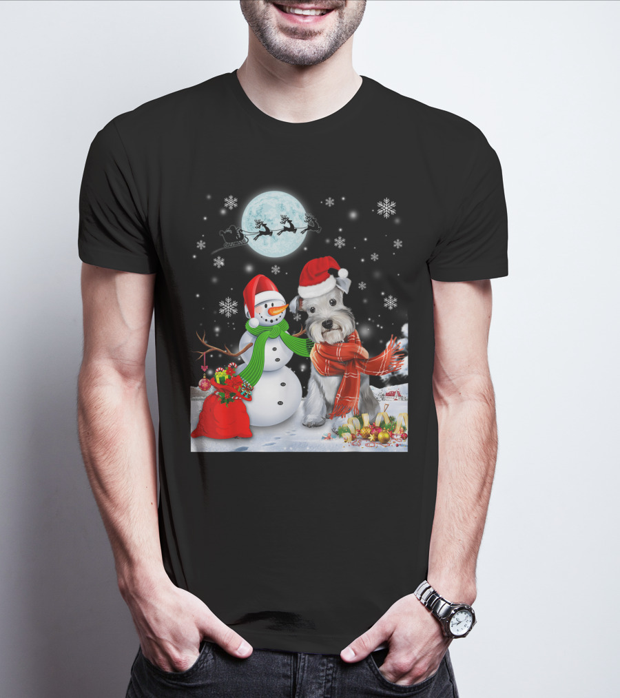 Miniature Schnauzer Santa Snowman Christmas Moon Snowflakes T-Shirt