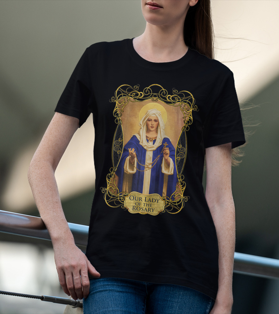 Our Lady Of The Rosary Catholic Prayer Blessed Virgin Mary Icon With Rosary Beads And Cross T-Shirt