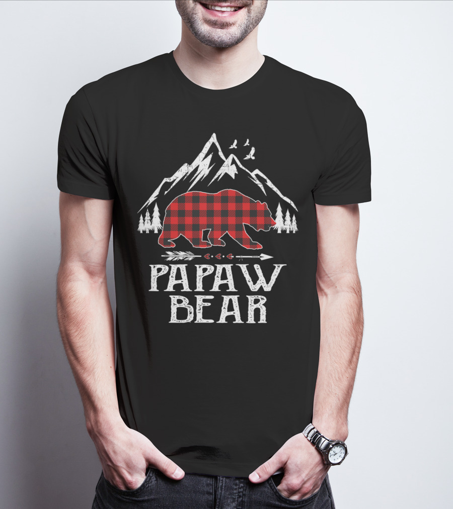 Papaw Bear Christmas Red Plaid Buffalo Mountain Scene T-Shirt