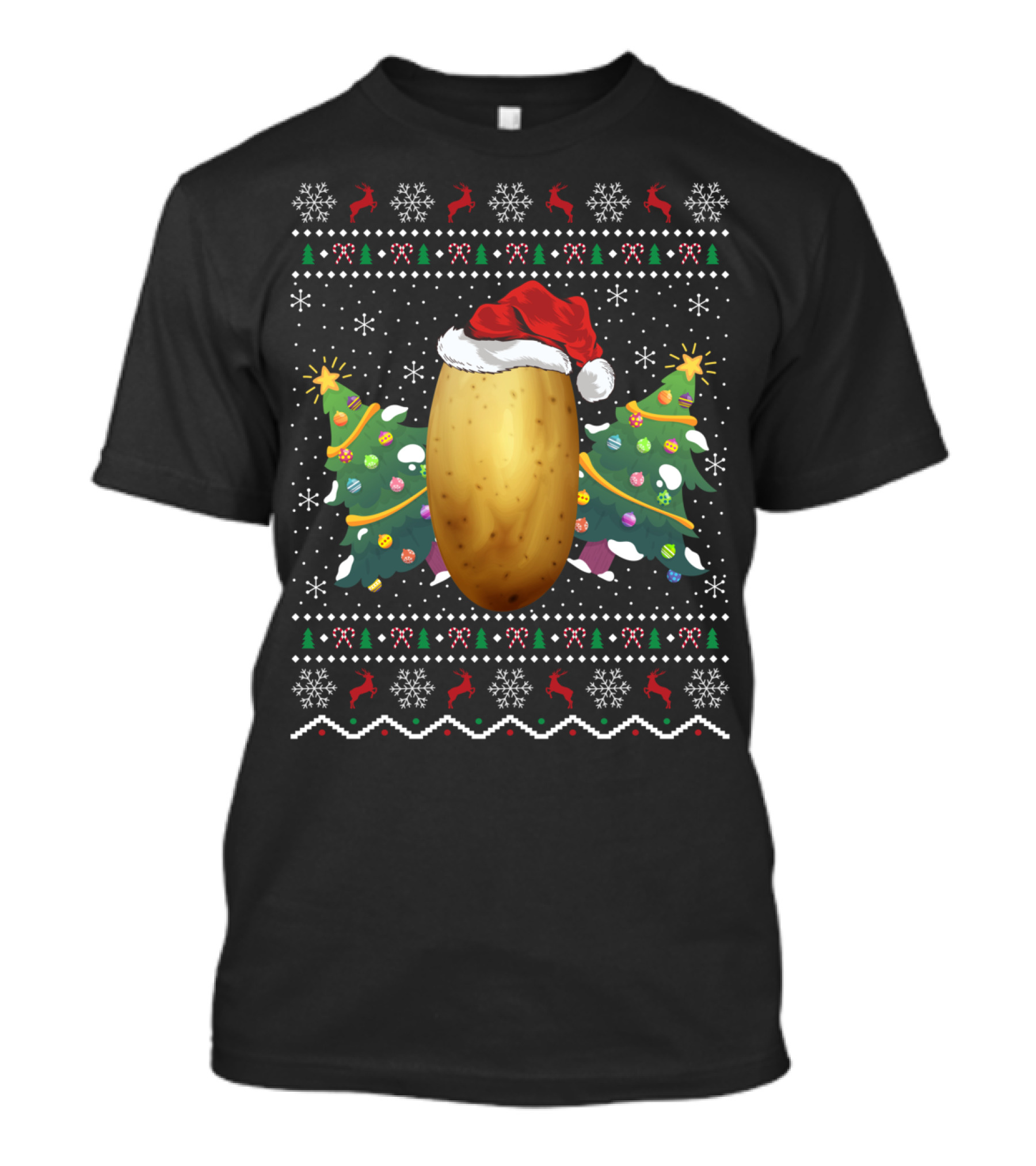 Potato Lover Christmas Ugly Sweater Santa Hat Reindeer Snowflakes Christmas Tree T-Shirt