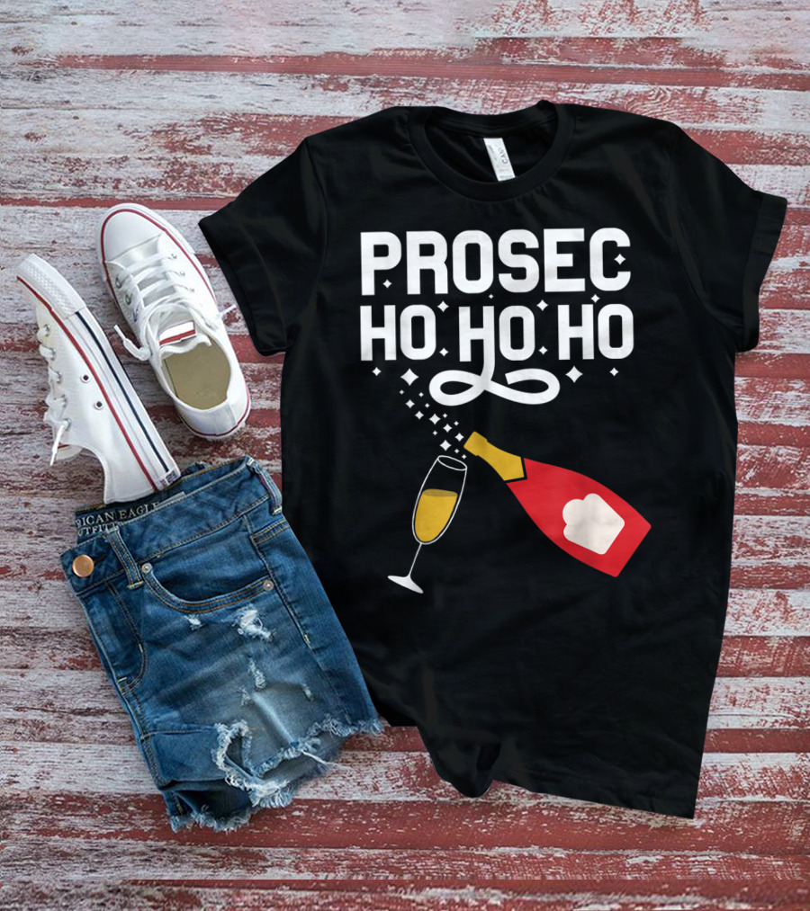 Prosecco Ho Ho Ho Funny Christmas Wine Bottle And Glass T-Shirt