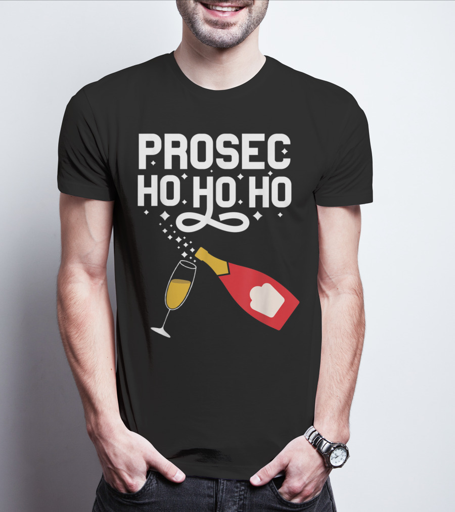 Prosecco Ho Ho Ho Funny Christmas Wine Bottle And Glass T-Shirt