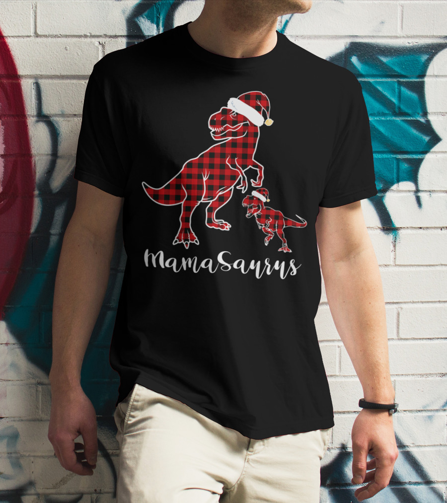 Mamasaurus Red Plaid Santa Hat Buffalo Family T-Shirt