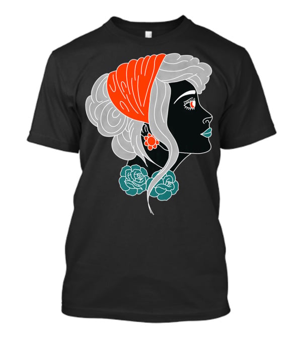 American Traditional Tattoo Gypsy Woman With Orange Headscarf And Roses T-Shirt