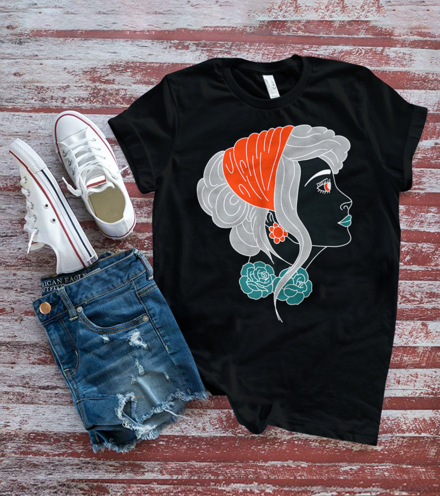 American Traditional Tattoo Gypsy Woman With Orange Headscarf And Roses T-Shirt
