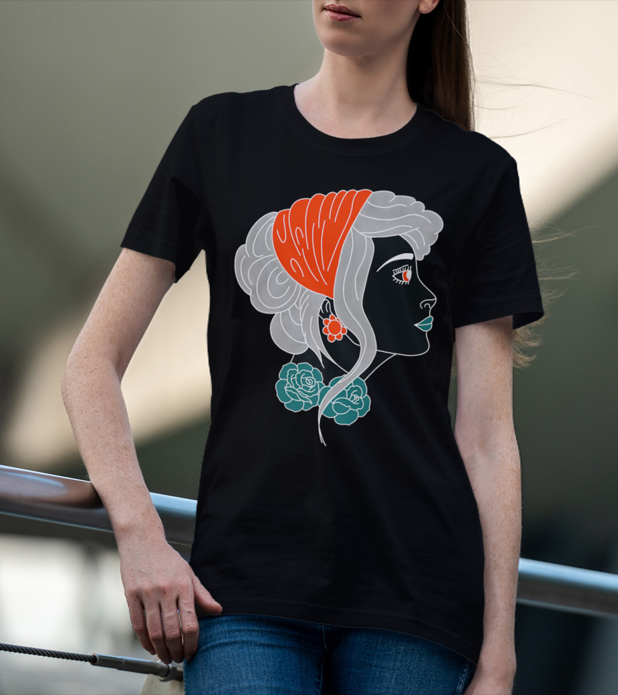 American Traditional Tattoo Gypsy Woman With Orange Headscarf And Roses T-Shirt
